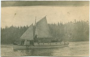 Mission launch Udal at Rivers Inlet with sails set