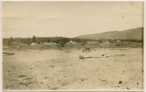 View of Quamichan Village from beach, during low tide.